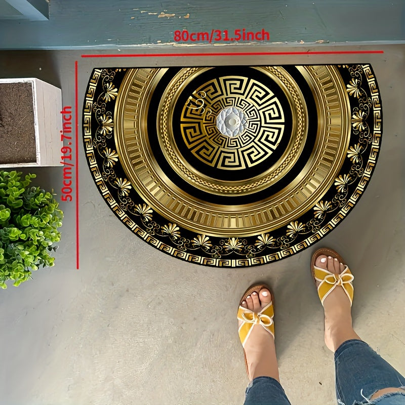 Semi-Circular Black and Gold Floral Rug Non-Slip Indoor Outdoor Polyester