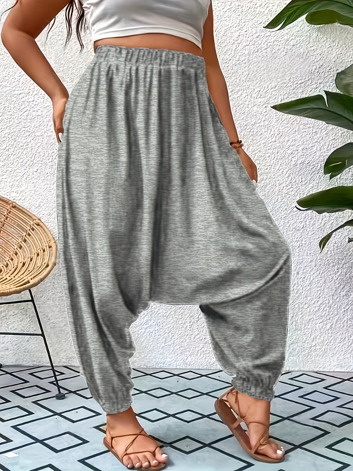 Plus Size Cotton Ruched Baggy Harem Pants for Spring and Summer Women
