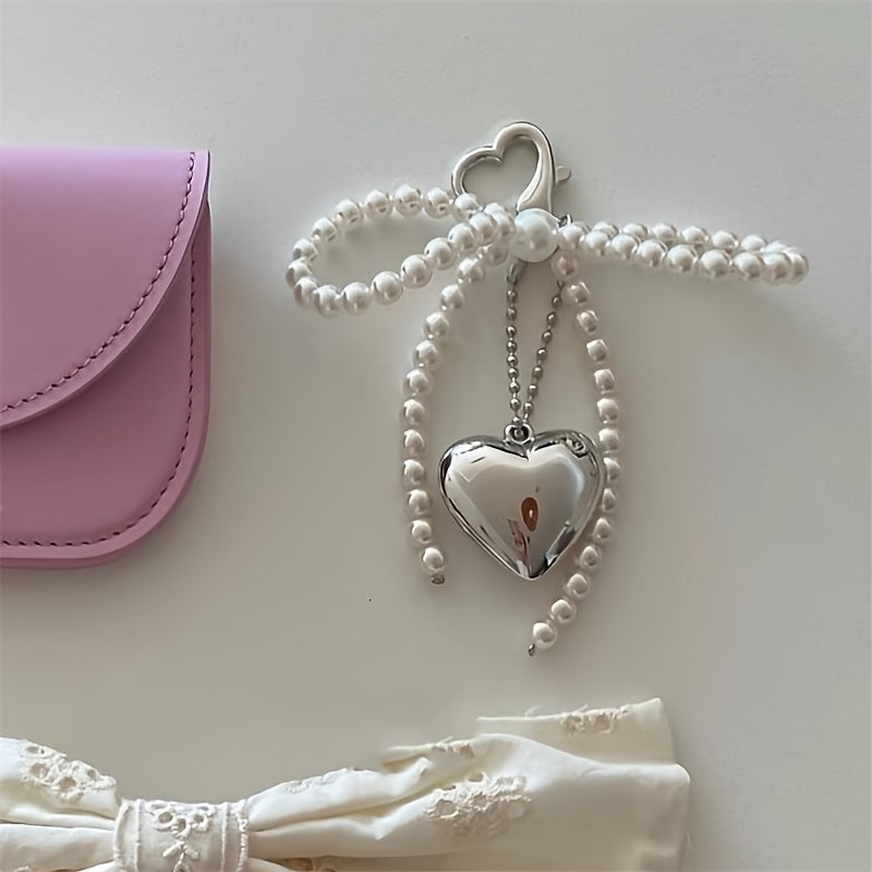 Large Heart-Shaped Metal Pendant with Pearl Bow for Women Girls Mobile Phone Camera Bag Keychain