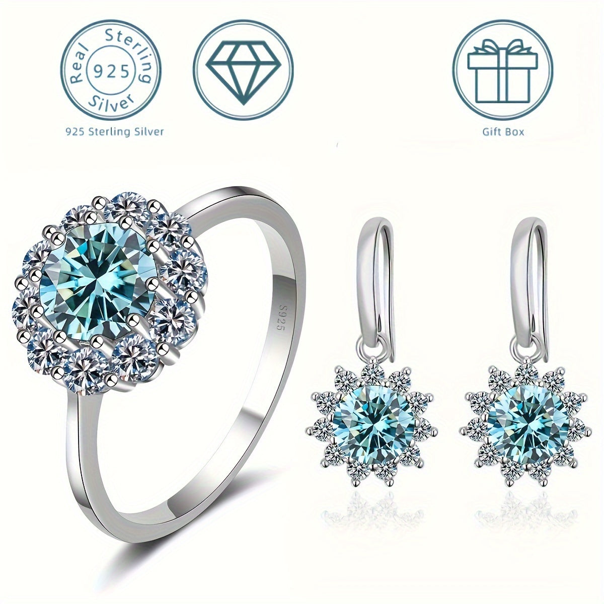 Moissanite Jewelry Set with Ring and Earrings 1 Carat Sterling Silver Engagement Gift