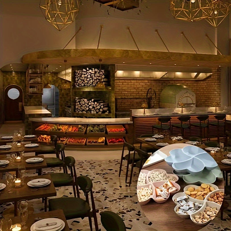 4 ta bo'limli mustahkam yurak shaklidagi partiya atıştırmalık taxtasi, yong'oq, shirinlik va mevalar uchun ko'k, yashil, bej va pushti ranglarda ko'p marta ishlatiladigan plastik plastinka.