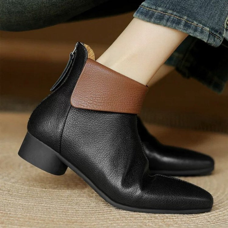 Women Ankle Boots Faux Cover Leather Mid-Heel Side Zipper Pointed Toe