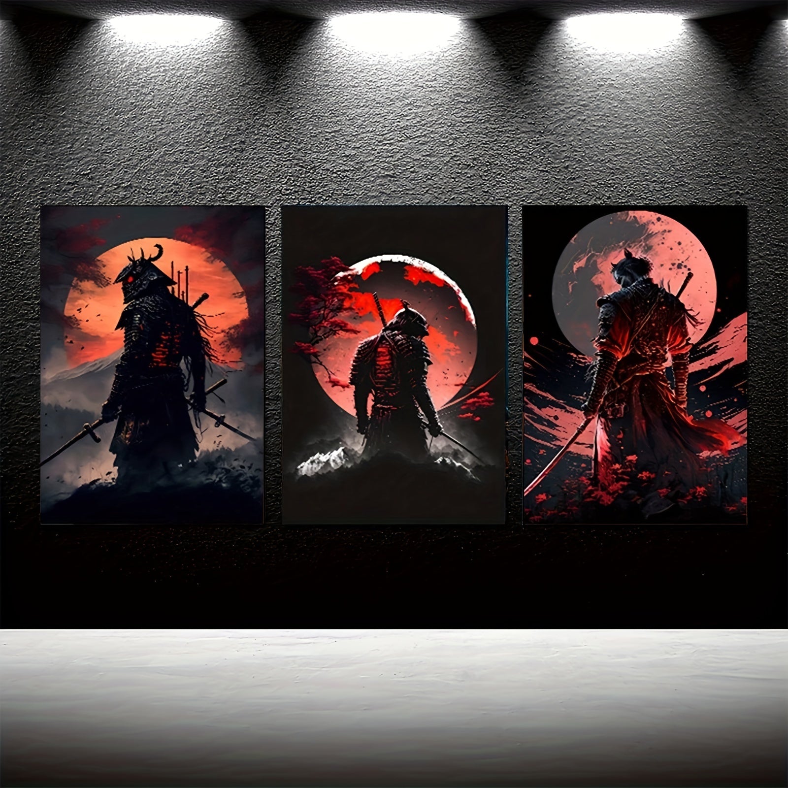 Japanese Samurai Mountain Canvas Wall Art Set of 3 Frameless Modern Retro Decor for Living Room Bedroom Office