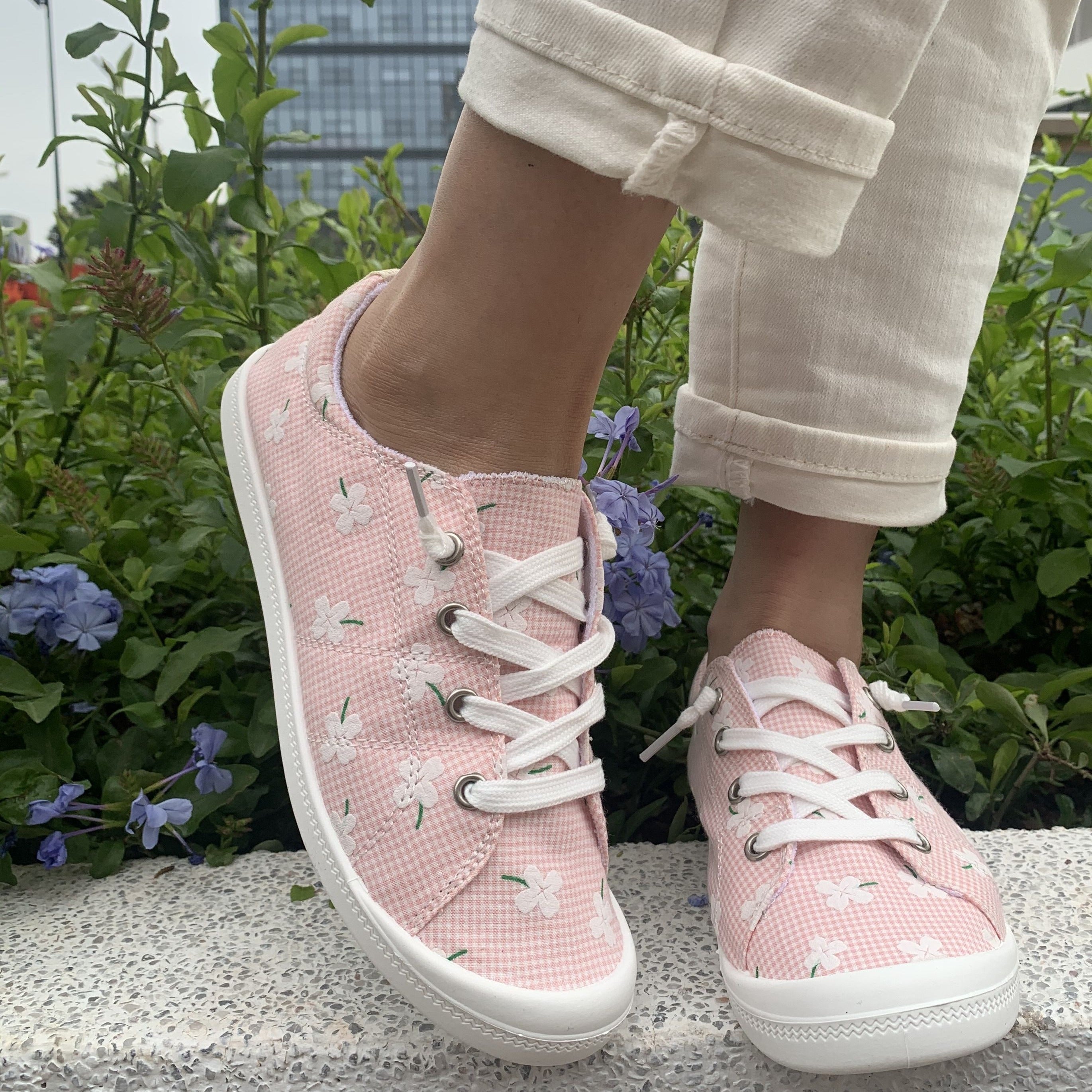 Women's Pink Floral Slip-On Sneakers - Soft Sole All-Season Casual Shoes