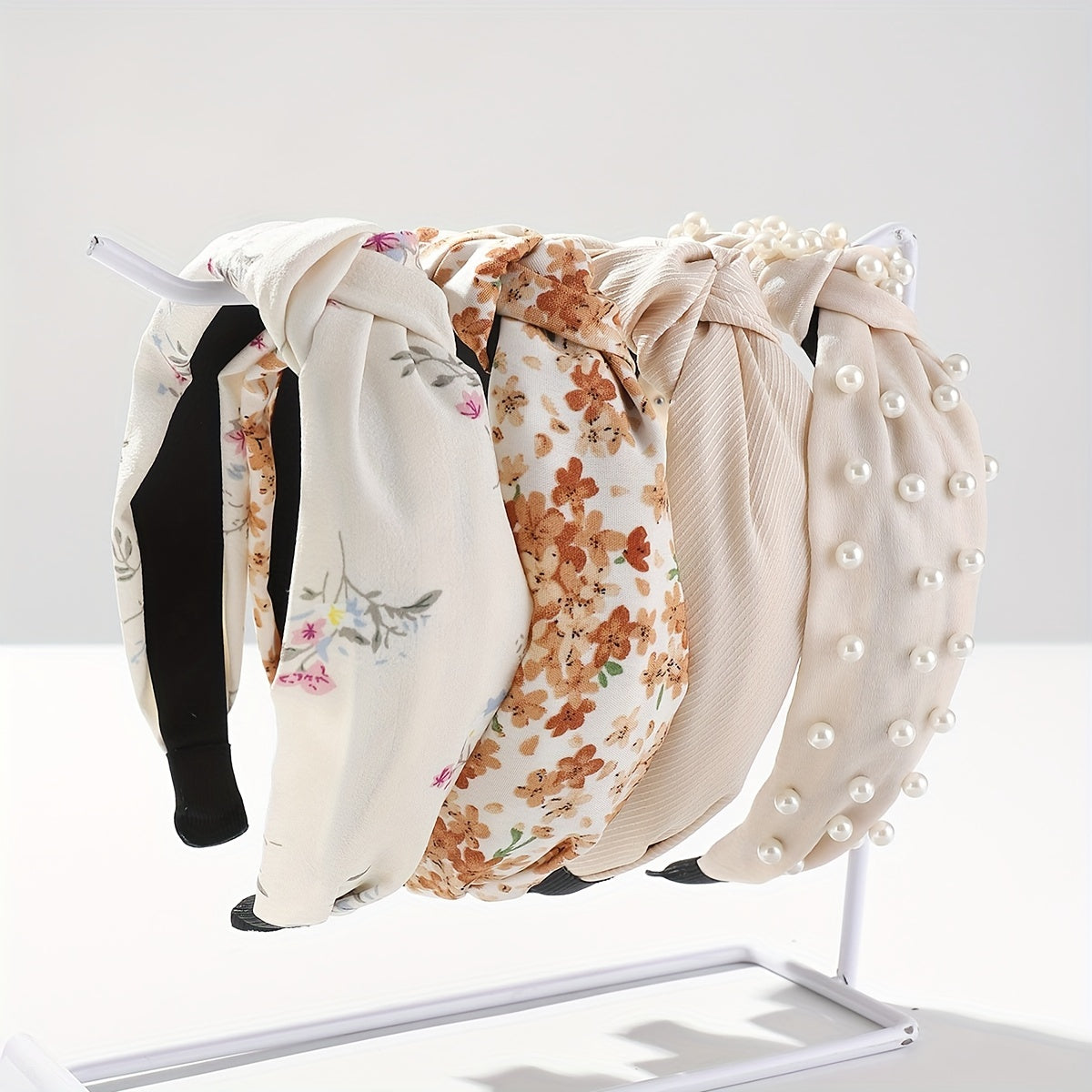 Set of 4 Wide Brim Headbands with Faux Pearl Accents, Knotted Design, Floral Print for Women