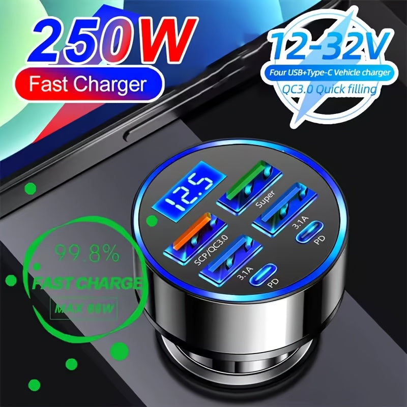 Car USB C Charger 250W, 6 Ports, Fast Charging, Digital Display