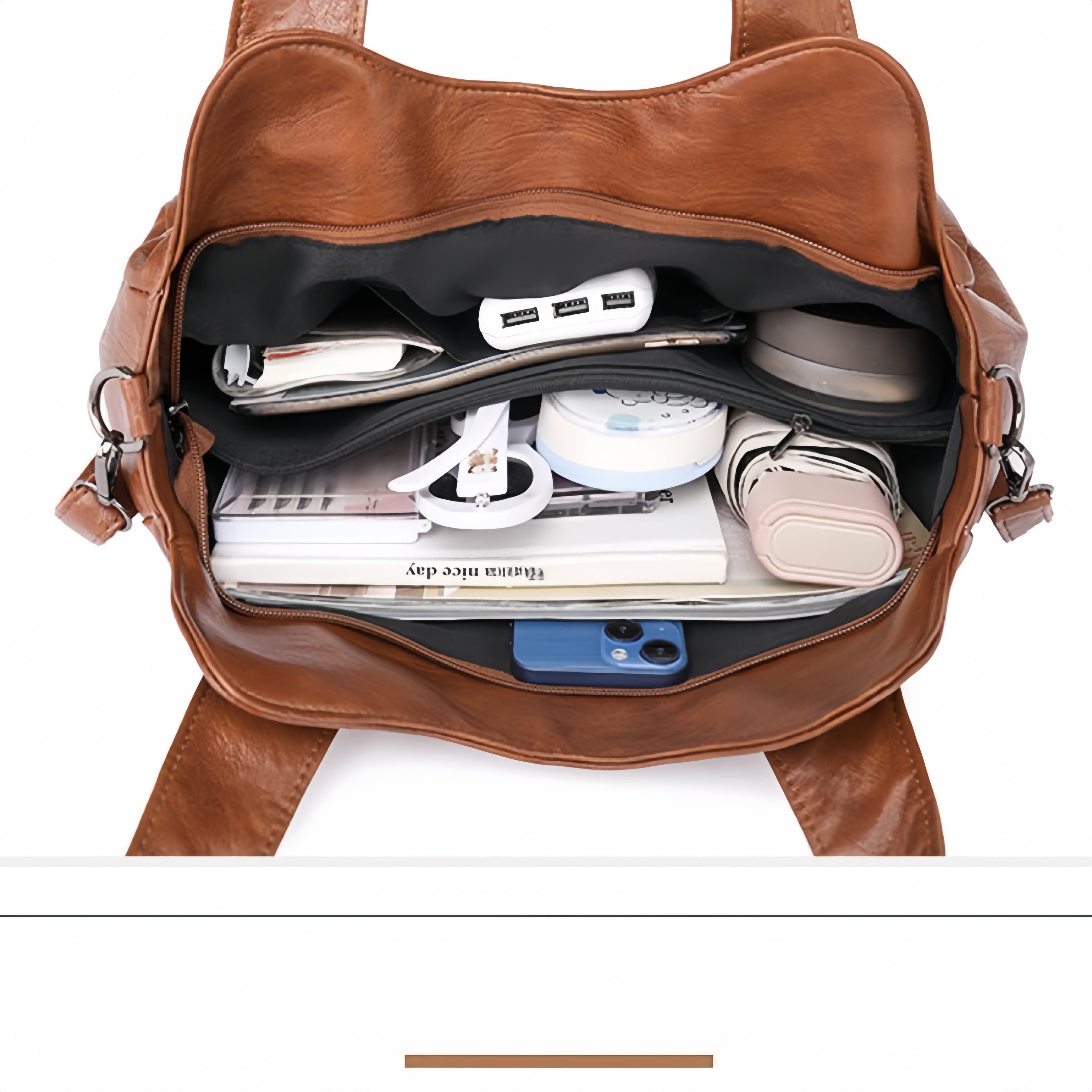 Bir nechta cho'ntaklari, ajratiladigan kamar, zamonaviy dizayn, zip yopilishi va polyester astari bilan uslubli ayollar uchun kesma sumka.