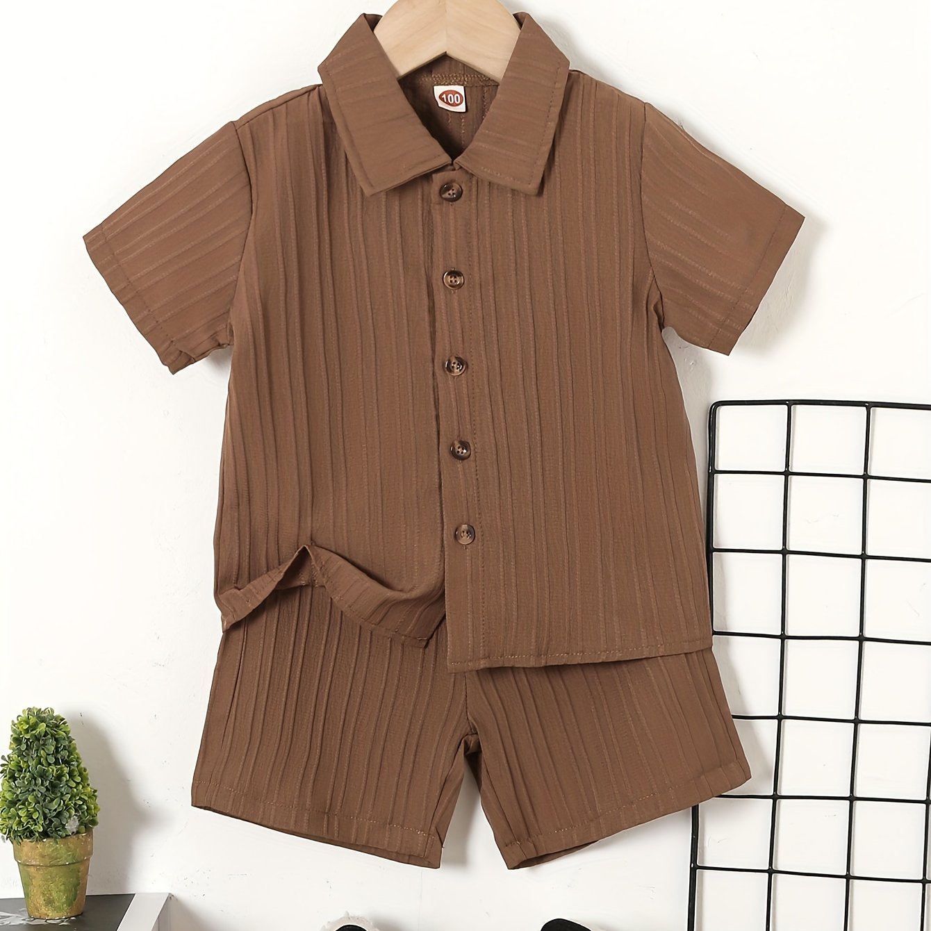 Kids Boy's Short Sleeve Solid Color Button Front Shirt and Shorts Set