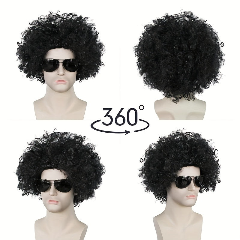 Short Black Fluffy Disco Afro Wig for Cosplay, Costume Parties, Men Women