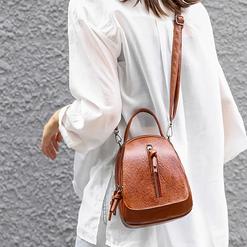 Unisex Brown PU Crossbody Bag with Zipper and Adjustable Strap