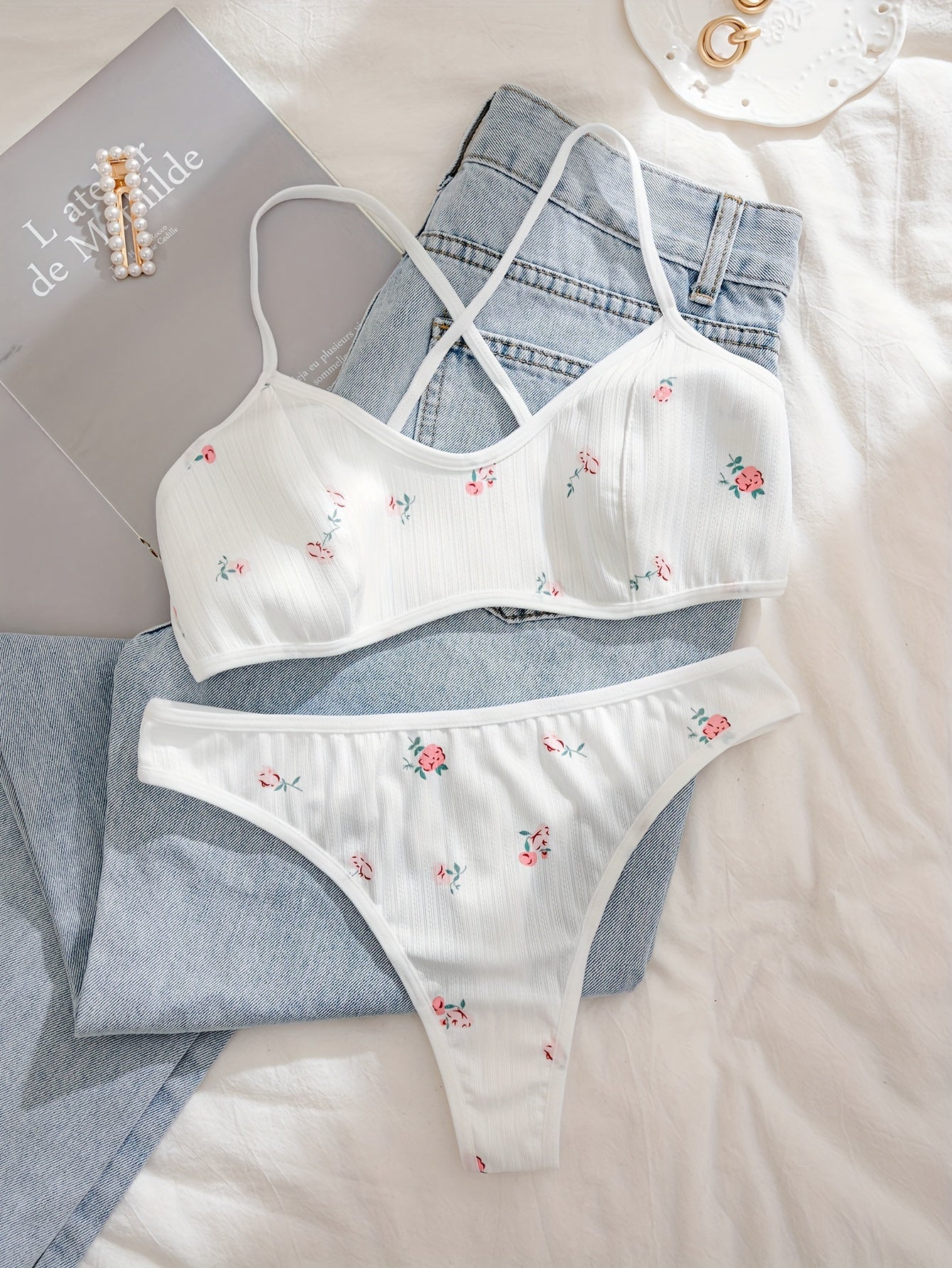 White Floral Print Lingerie Set with Embroidery and Cross-Back Design