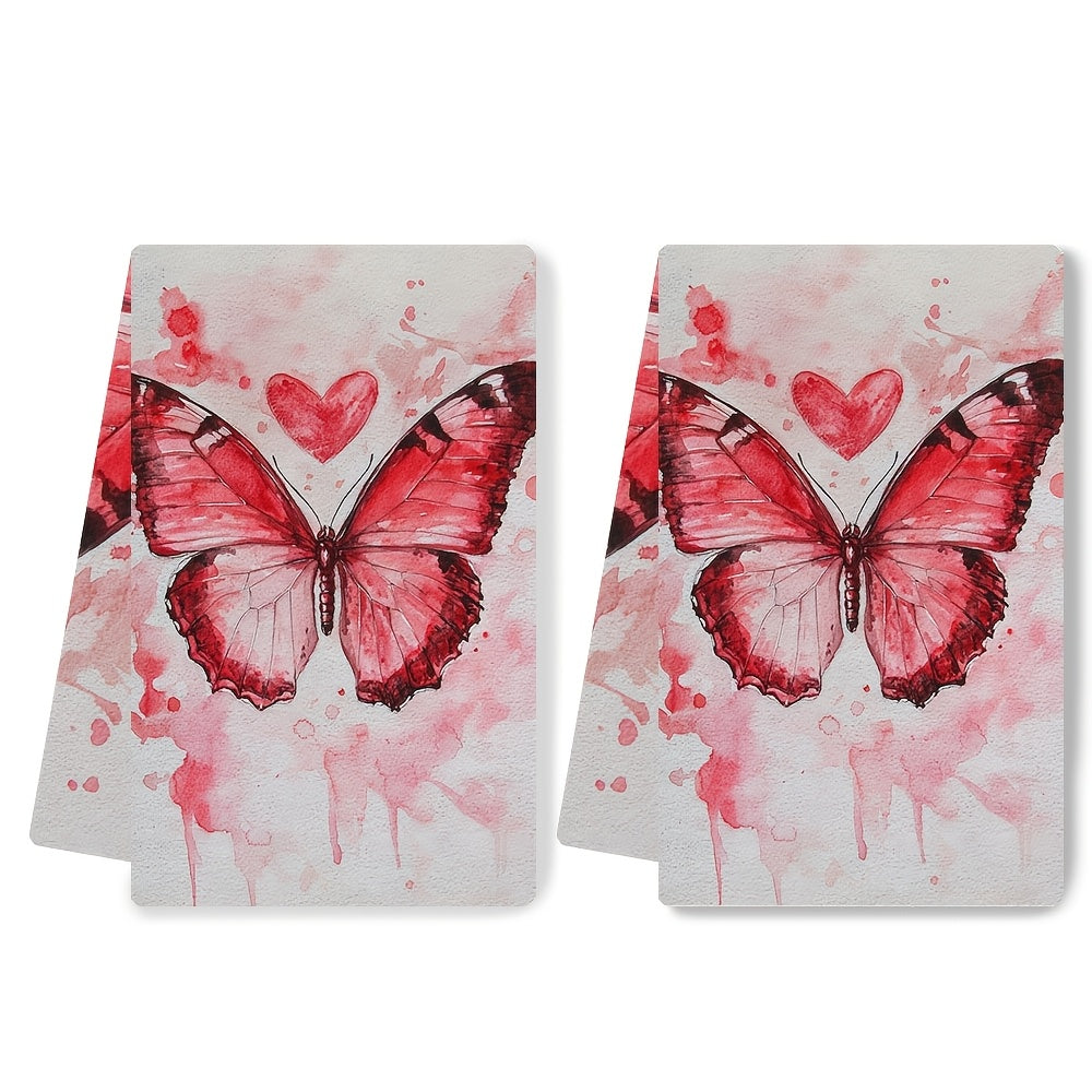 Valentine's Day Kitchen Towels Red Butterfly Heart Absorbent 16x24 Inches