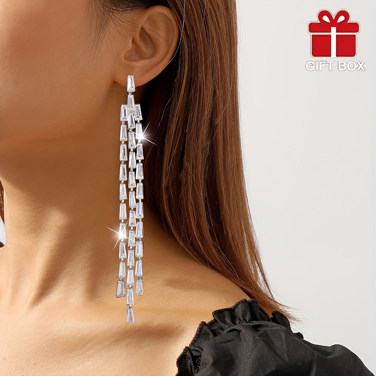 Wedding Jewelry Earrings with Zirconia Square Chain Tassel Design