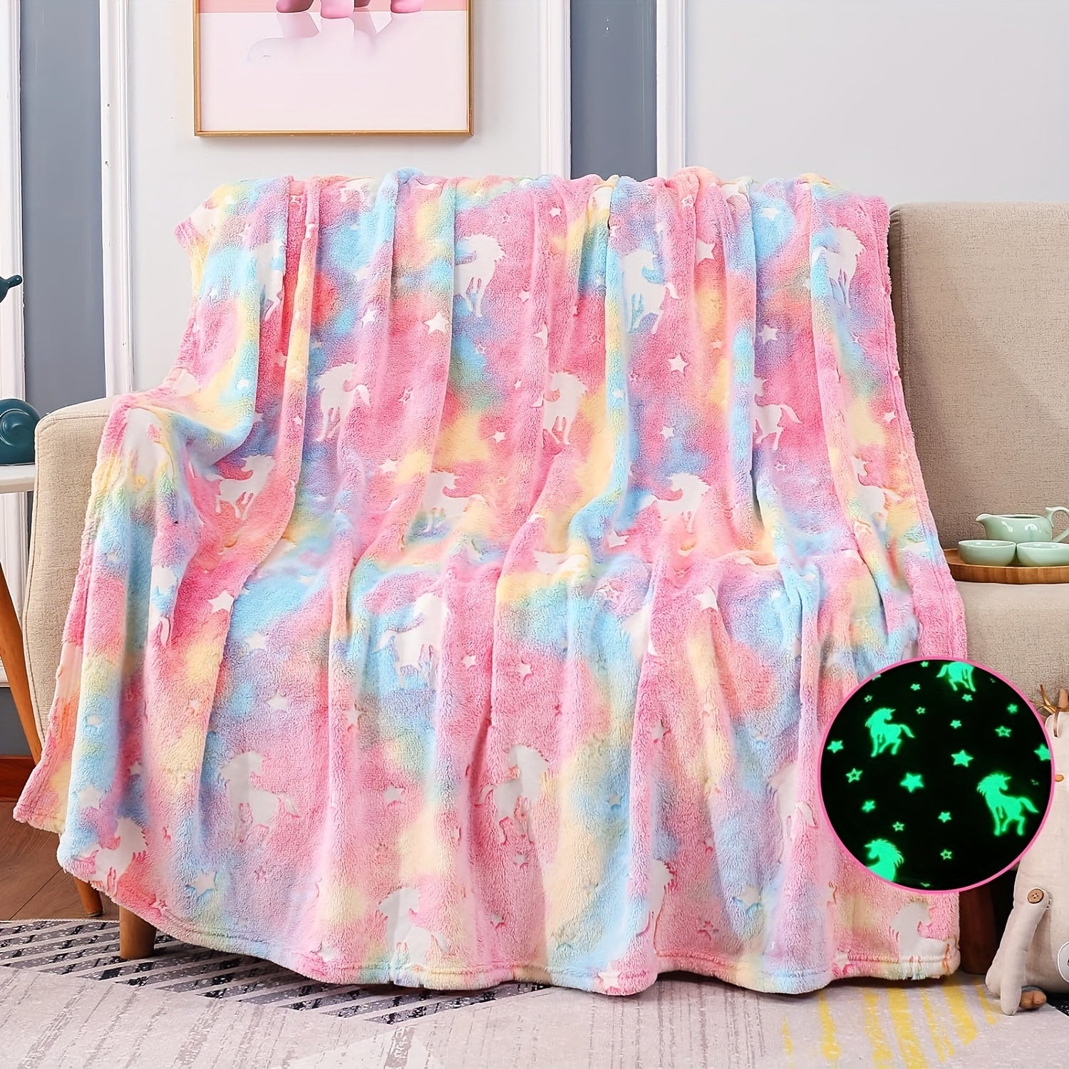 Bolalar uchun Unicorn Glow in the Dark Throw Blanket, flanel, mo'rt, yorituvchi, anime, yotoq, divan, avtomobil, ofis