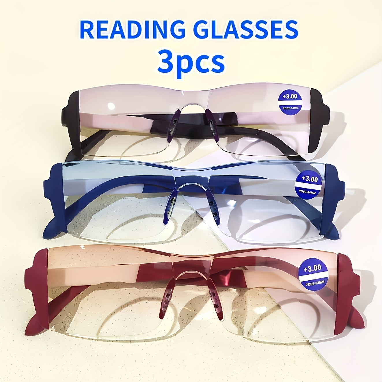 Juego de 3 gafas de lectura unisex con montura rectangular de PC, ligeras, cómodas y con corrección visual +1.0 a +4.0