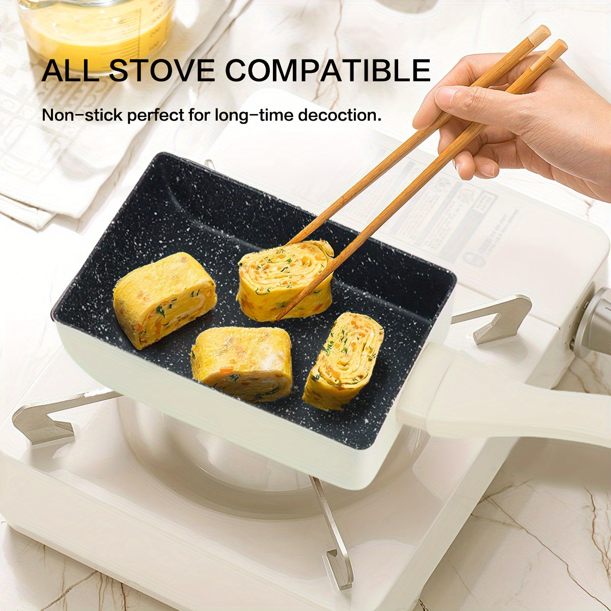 Yaponcha Tamagoyaki Pan - Ushbu yopishqoq granit tosh tuxum qovurish panasi 13.46 sm x 18.29 sm o'lchamda. U PFOA dan xoli, induksiya bilan mos keladi va idish-tovoq tozalash mashinasida yuvish mumkin. Barcha pechlarda foydalanish uchun ideal.