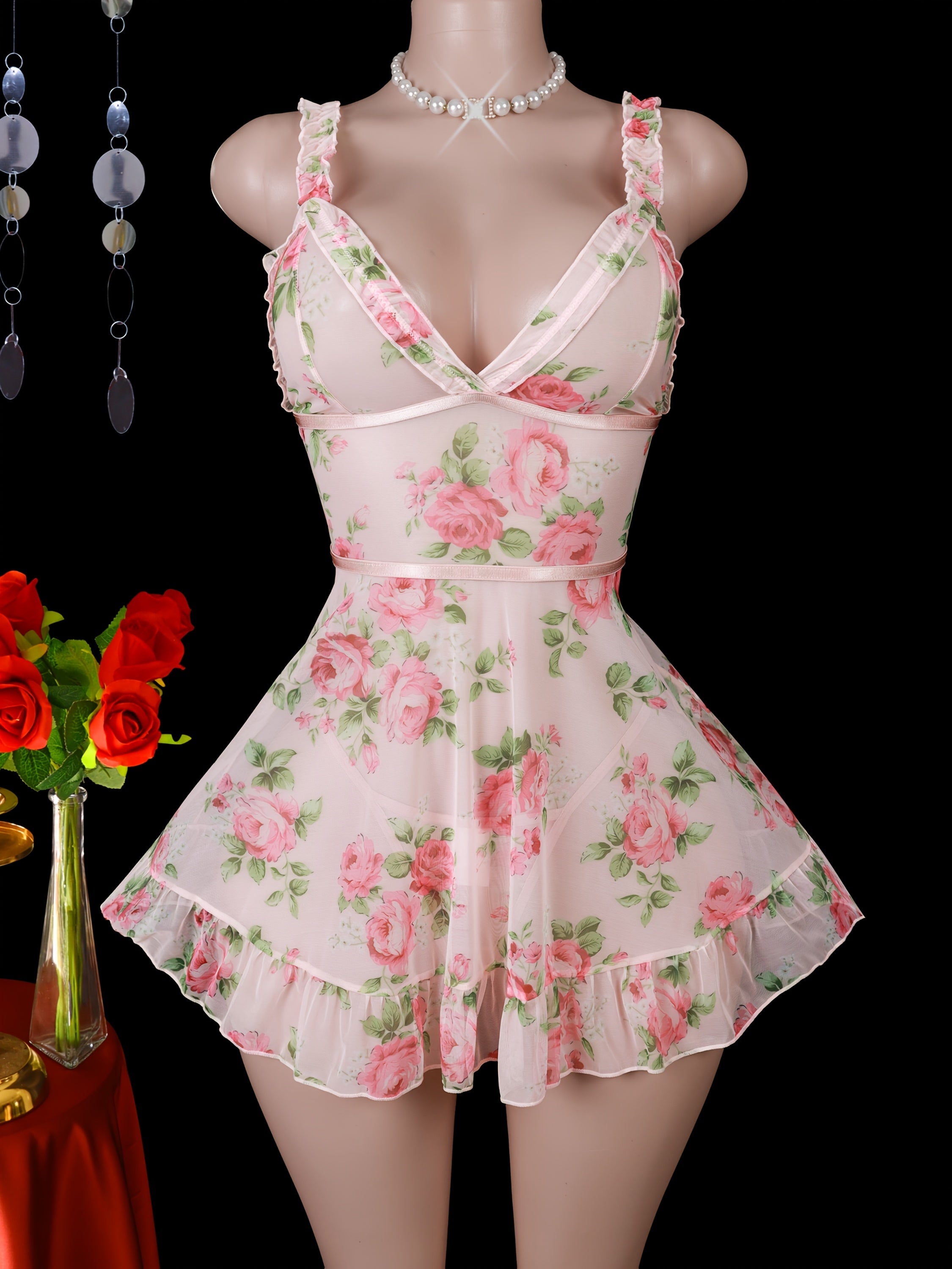 Women's Elegant Sleepwear Set with Print and Thong Skirt for Valentine's Day