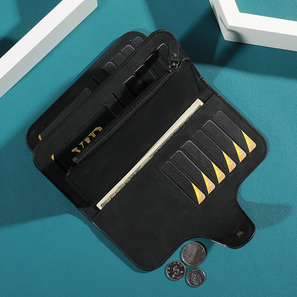 Yangi vintage uslubidagi ayollar uchun uzun hamyon, sun'iy charmdan tayyorlangan, tugmachali yopiq, zip cho'ntak, naylon astar, ko'p kartochka joylari va chet bo'yash tafsiloti bilan.