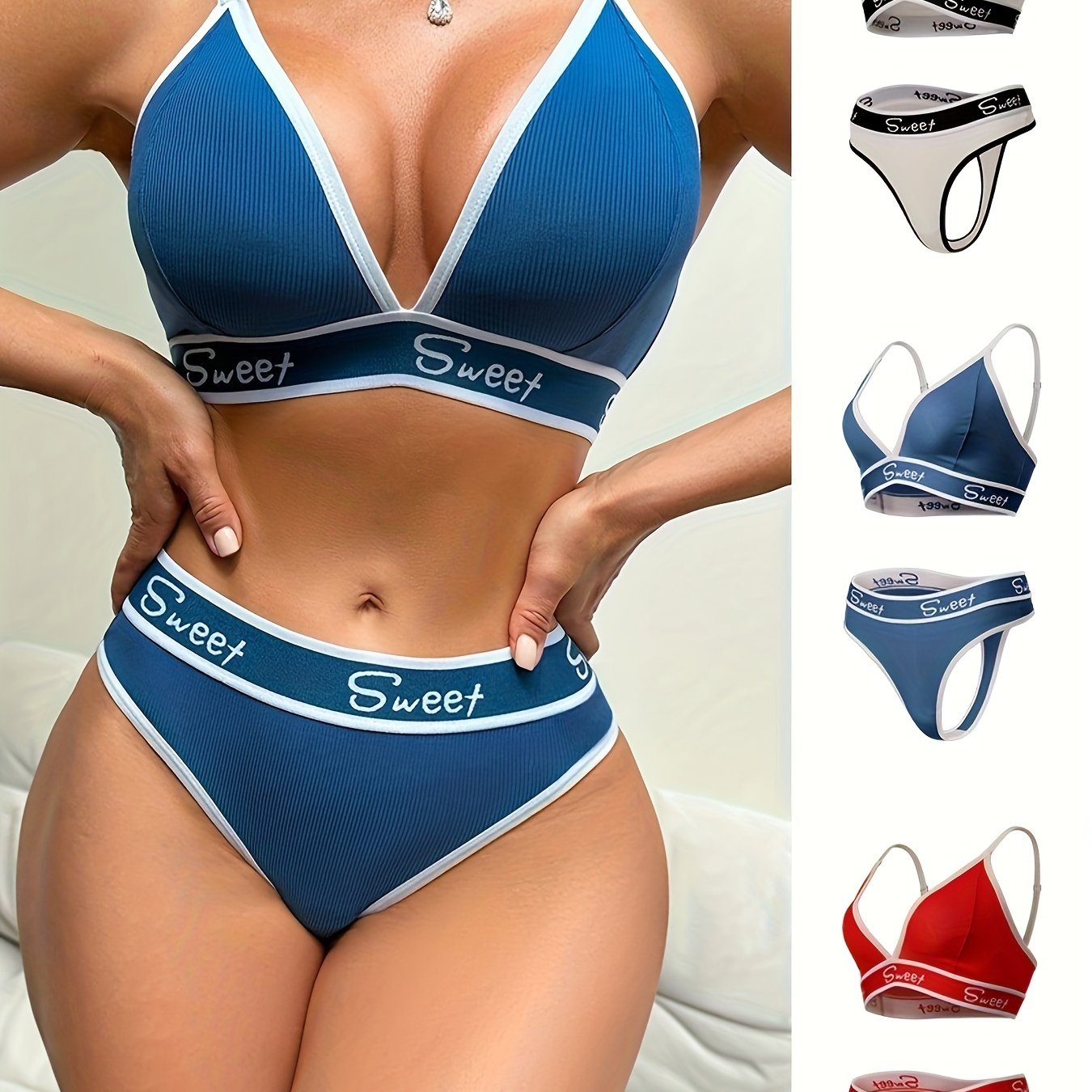 Women's Sporty Lingerie Set Triangle Bra Thong Panties Breathable Polyester