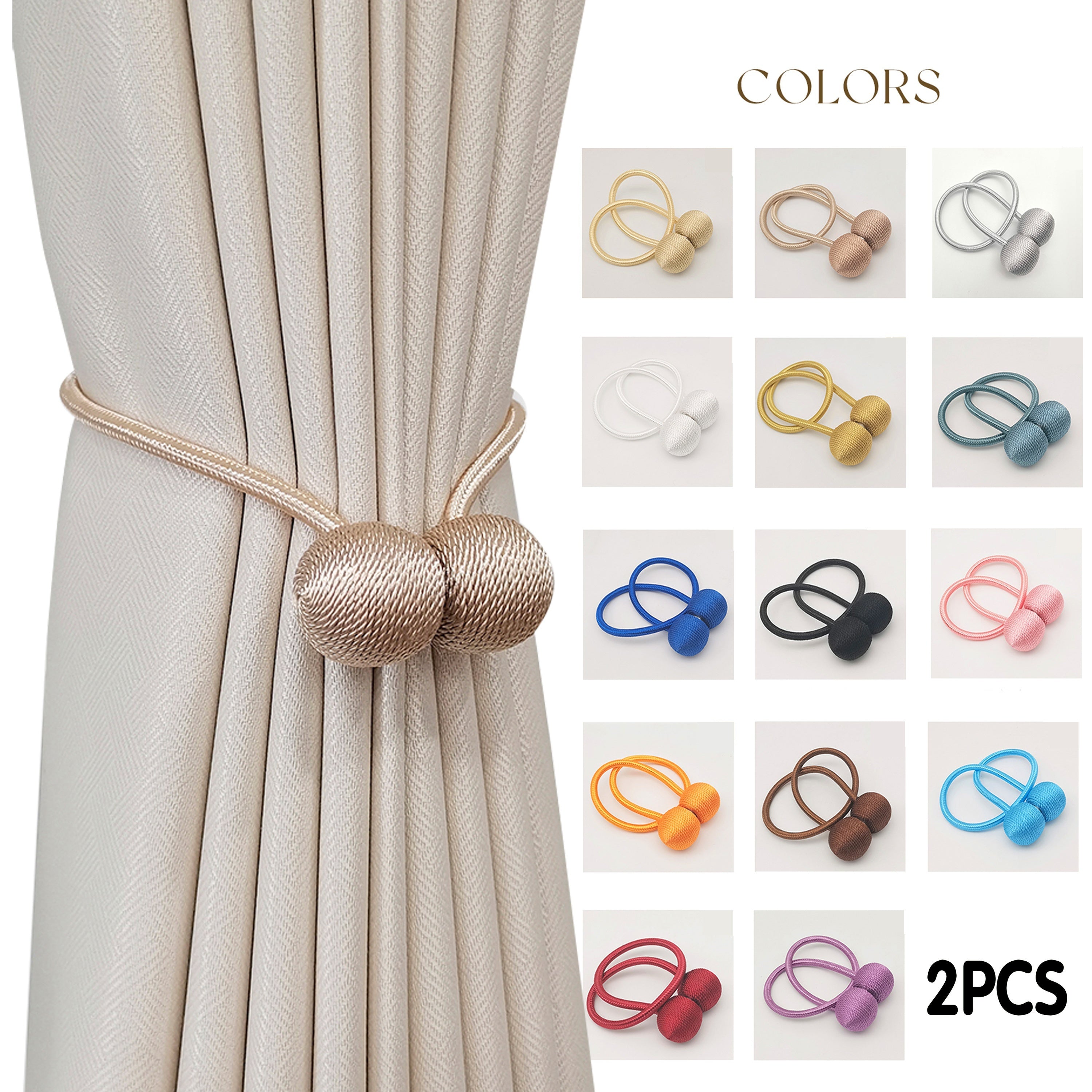 Set of Two Magnetic Curtain Tiebacks Polyester Twisted Rope Easy to Install Durable
