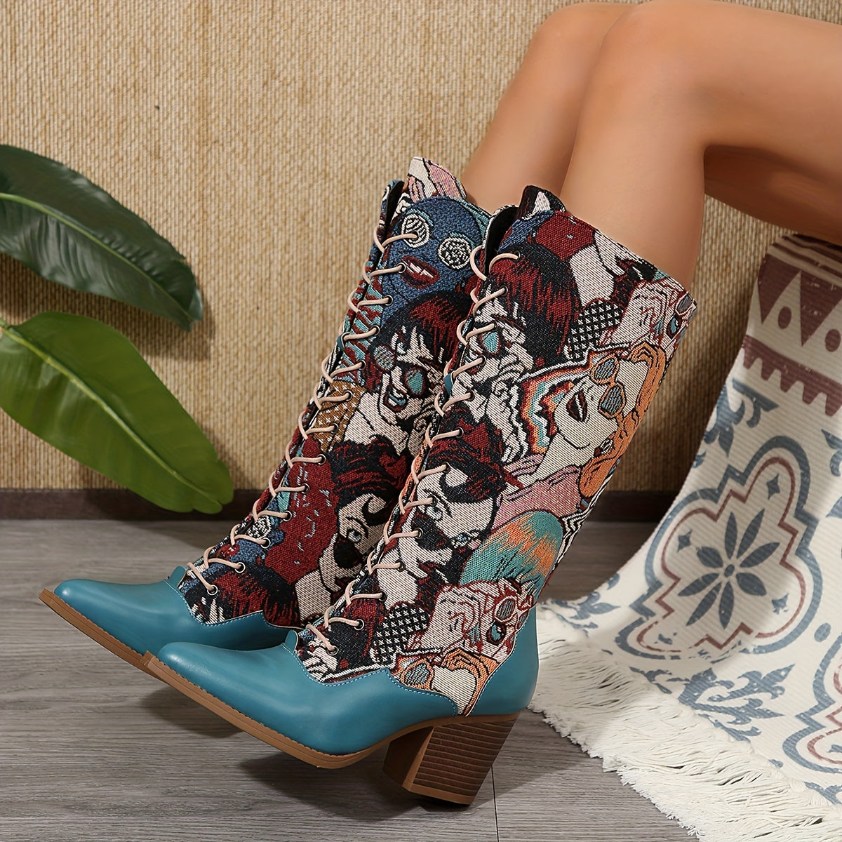 Women's Embroidered Leather Mid-Calf Western Boots with Chunky Heel