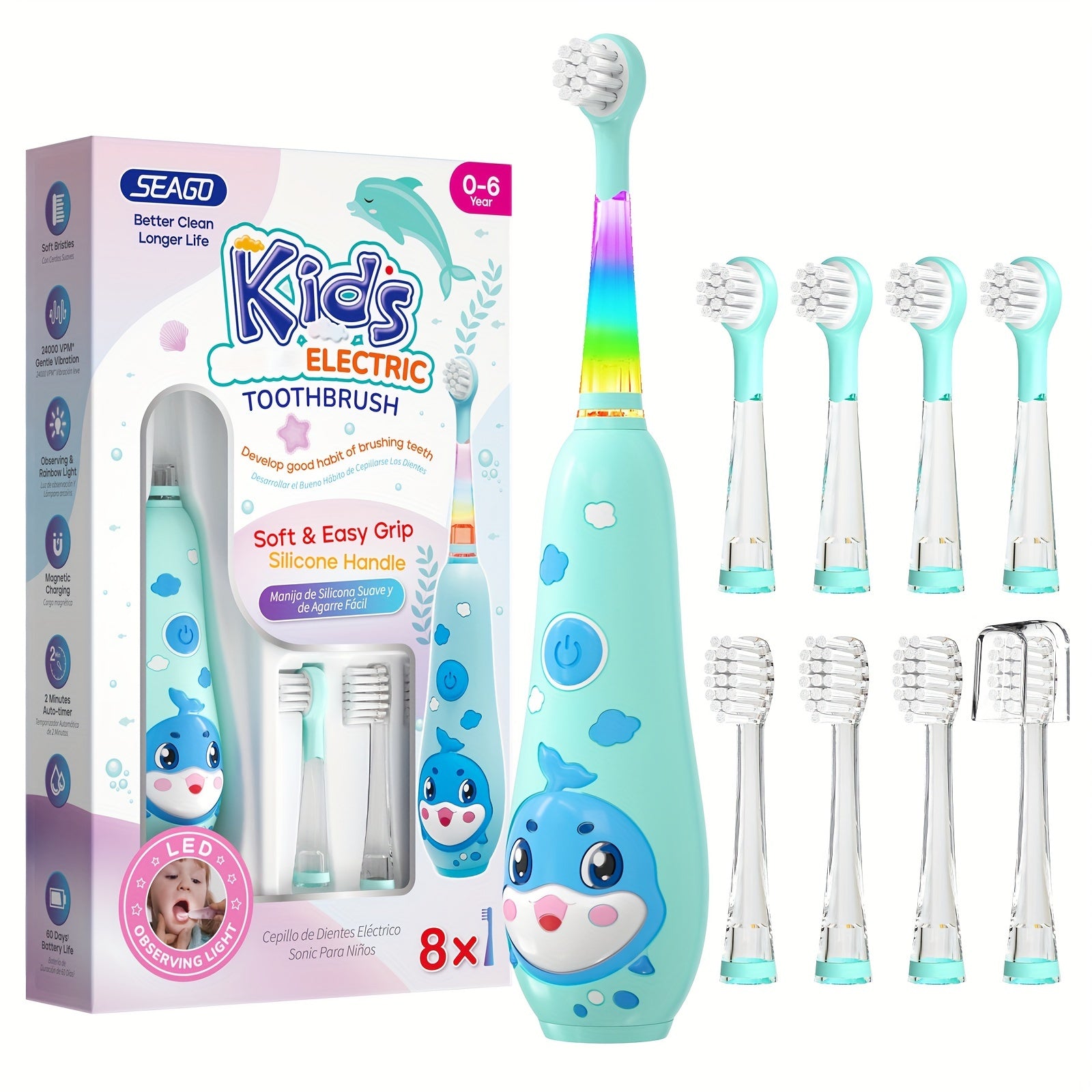 Kids Electric Toothbrush for Ages 0-6 with Whale Design, 8 Replacement Heads, 2-Minute Timer