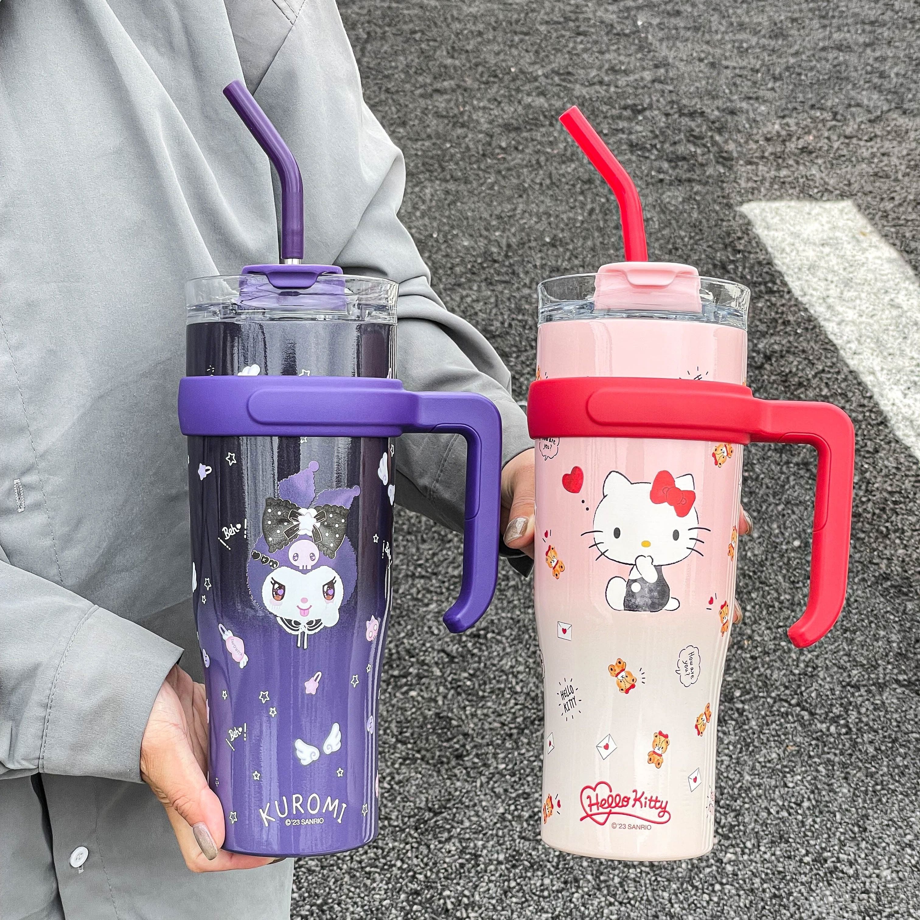 Vaso aislado de gran capacidad con diseño de Hello Kitty y pajilla para beber fácilmente