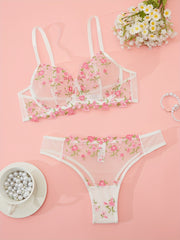 Women's Floral Embroidery Lingerie Set Sheer Mesh Bra and Panties