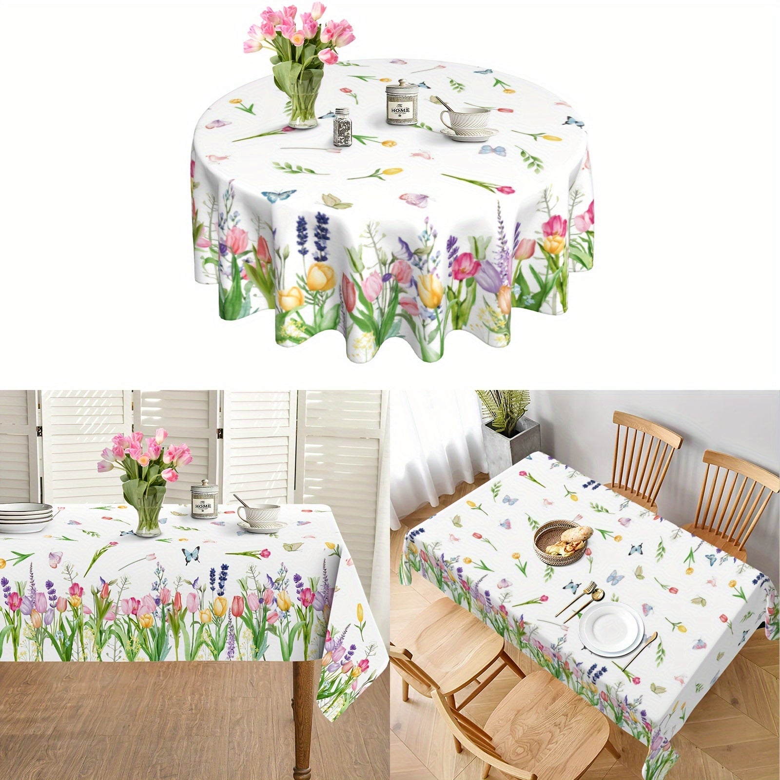 Polyester Spring Summer Tablecloth with Lavender Tulips and Butterflies Pink Purple Yellow Stain-Resistant Wrinkle-Free