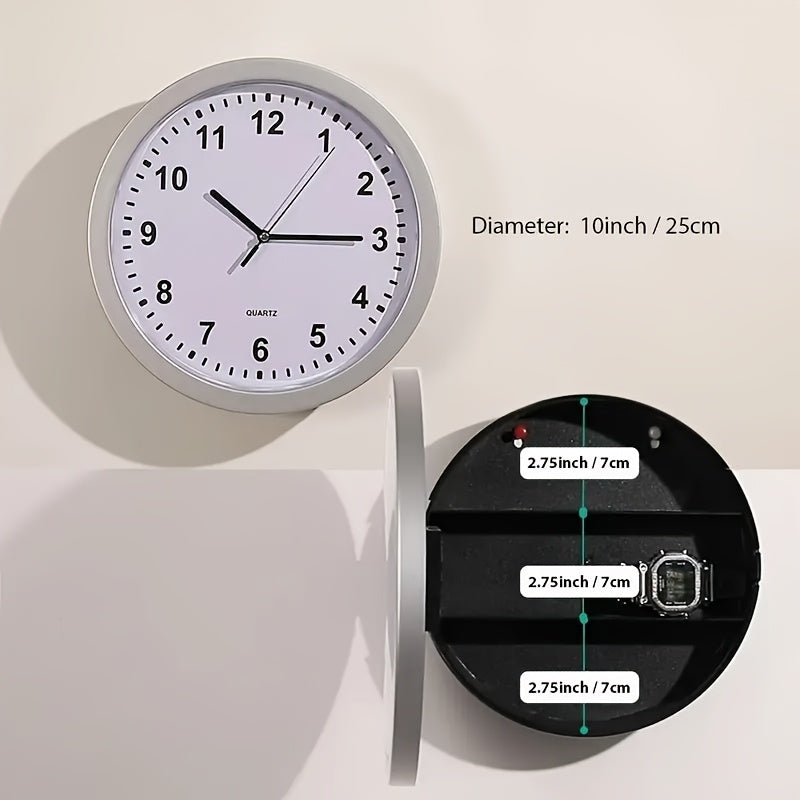 Reloj de pared con compartimento de seguridad oculto, marco de metal, esfera blanca