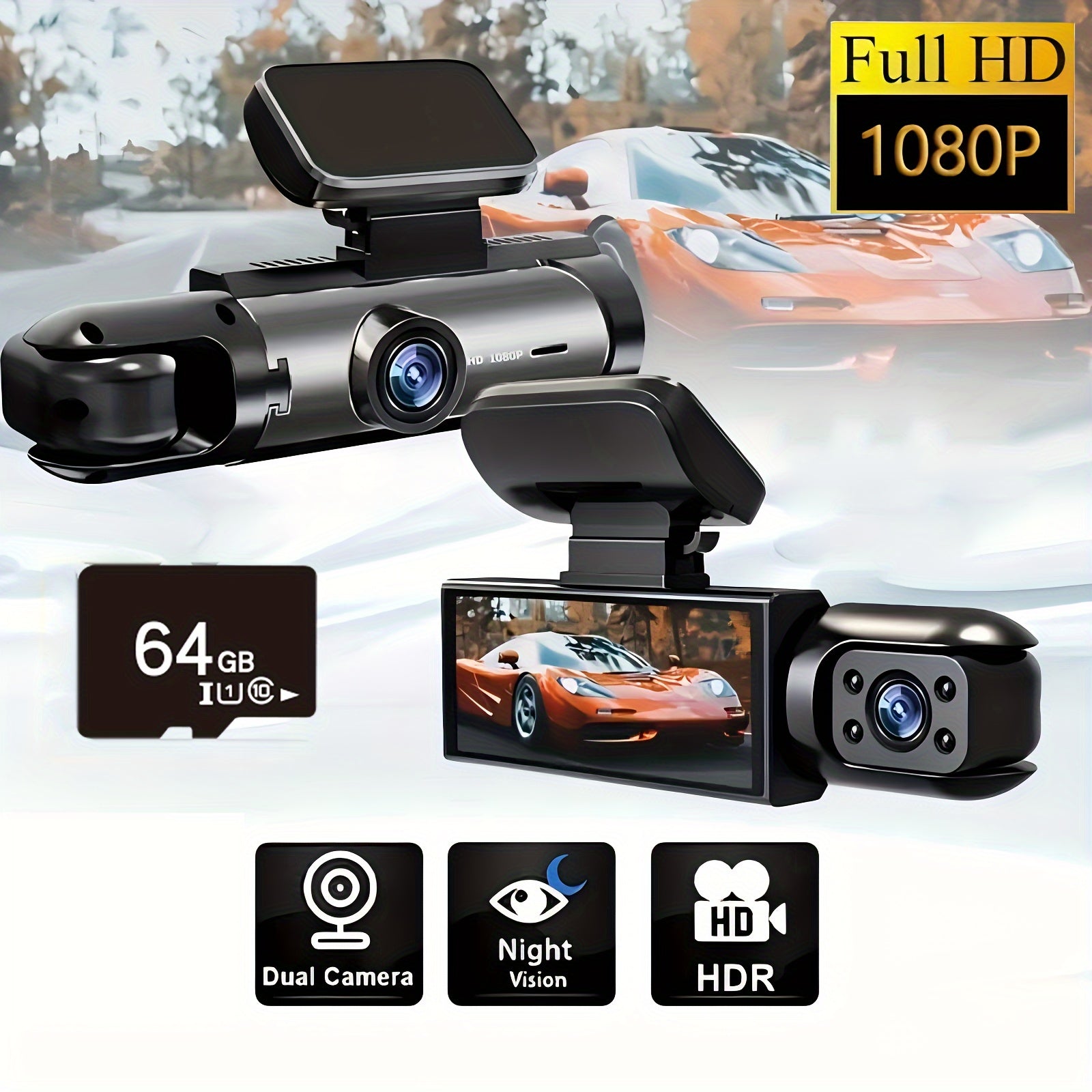 Vehicle Dash Cam 1080P Night Vision 64GB Memory Card Wide-Angle Parking Monitor