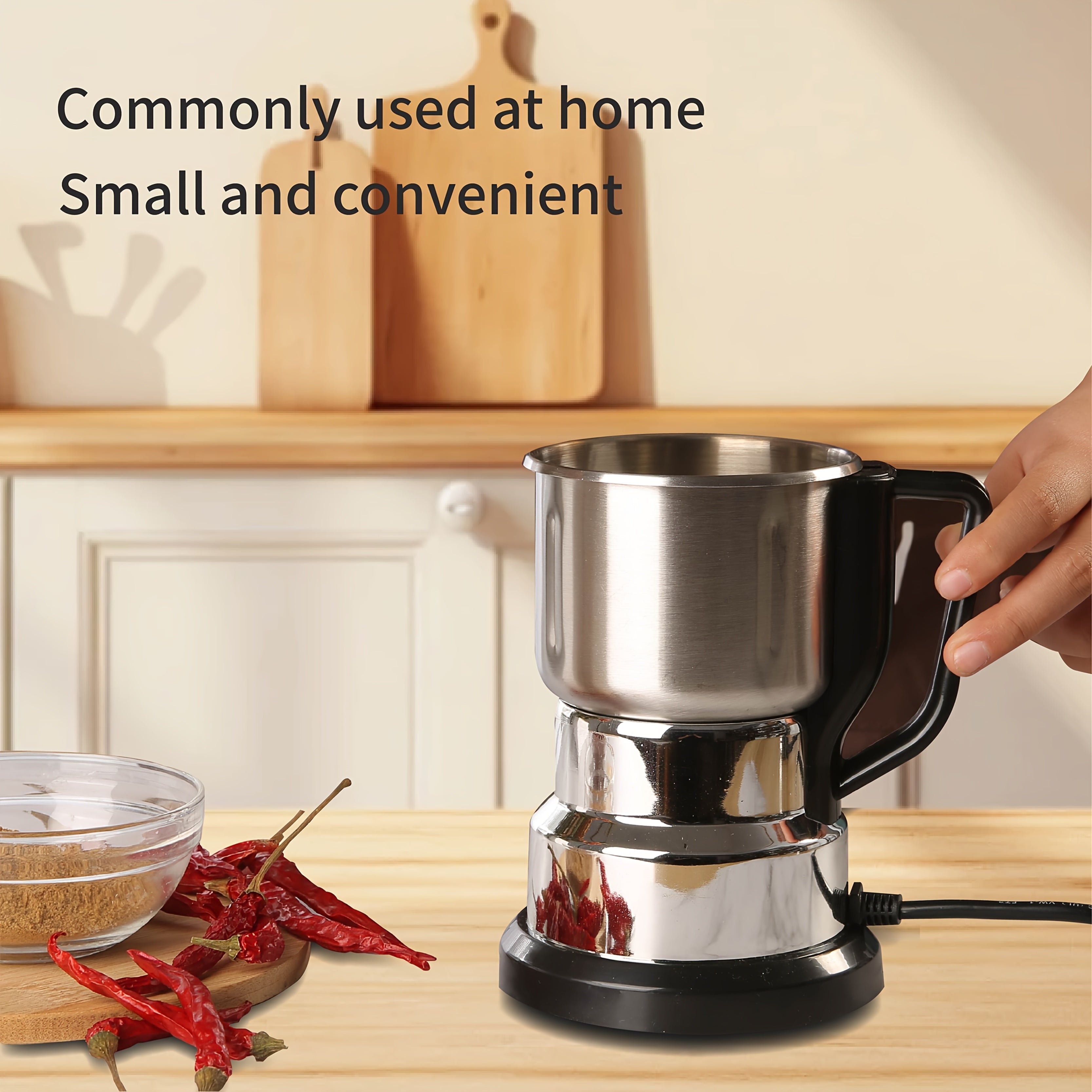 Kofe, ziravorlar va donlar uchun elektr maydalagich, bitta tugma bilan ishlash, ortiqcha qizishdan himoya, aniq maydalash va oson saqlash imkoniyatiga ega. 220V AQSh rozetkasi.