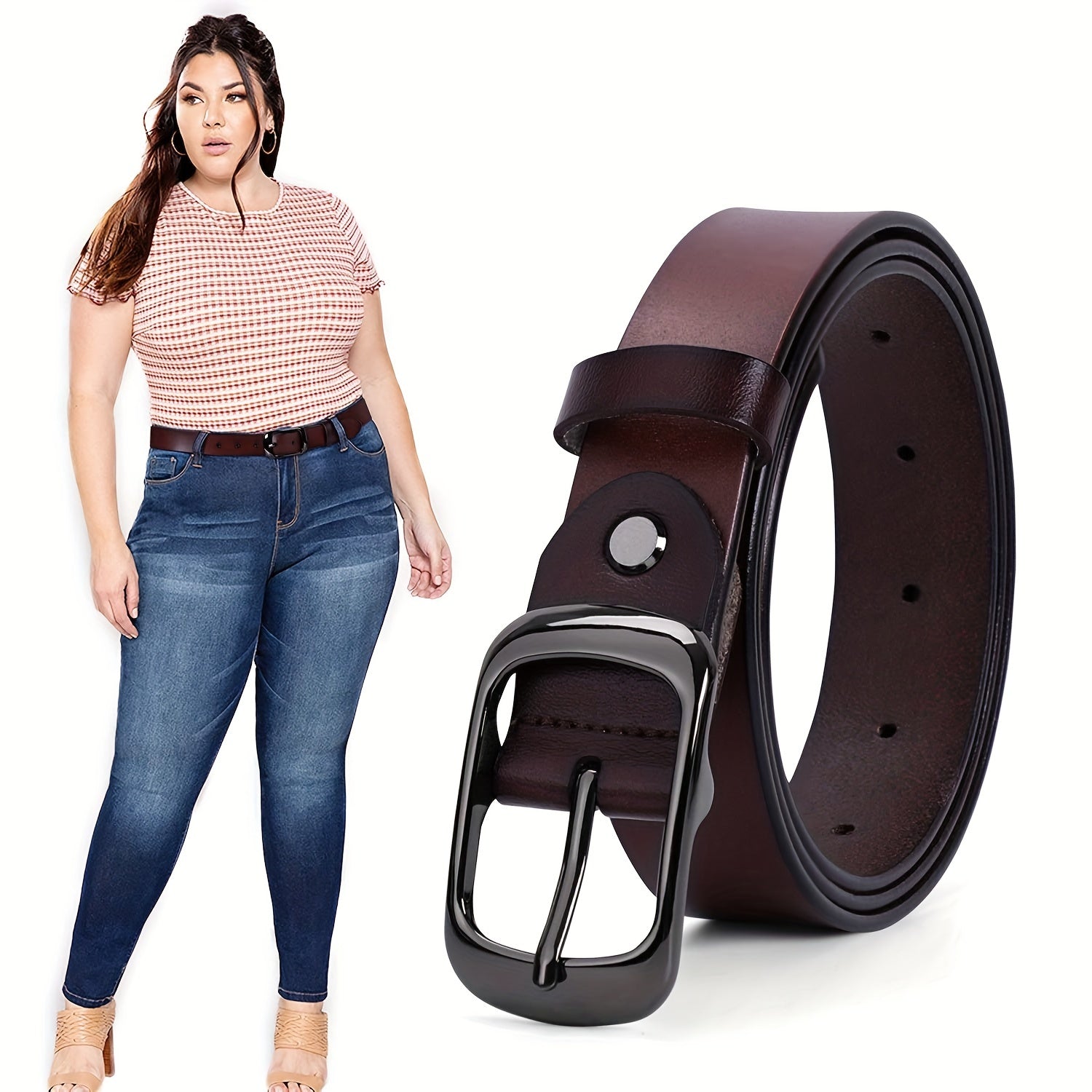 Женский кожаный ремень большого размера с отполированной пряжкой для повседневных джинсов и брюк
