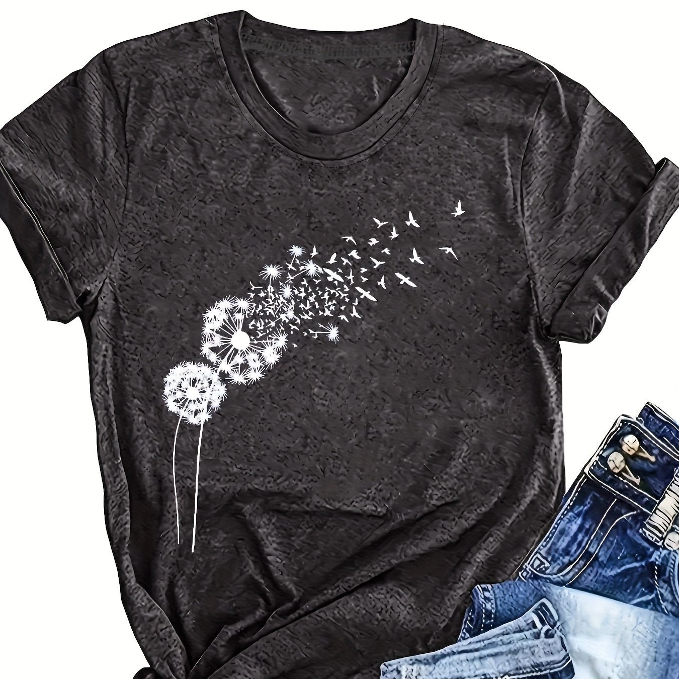 Women's Green T-Shirt with Dandelion & Birds Graphic Short Sleeve