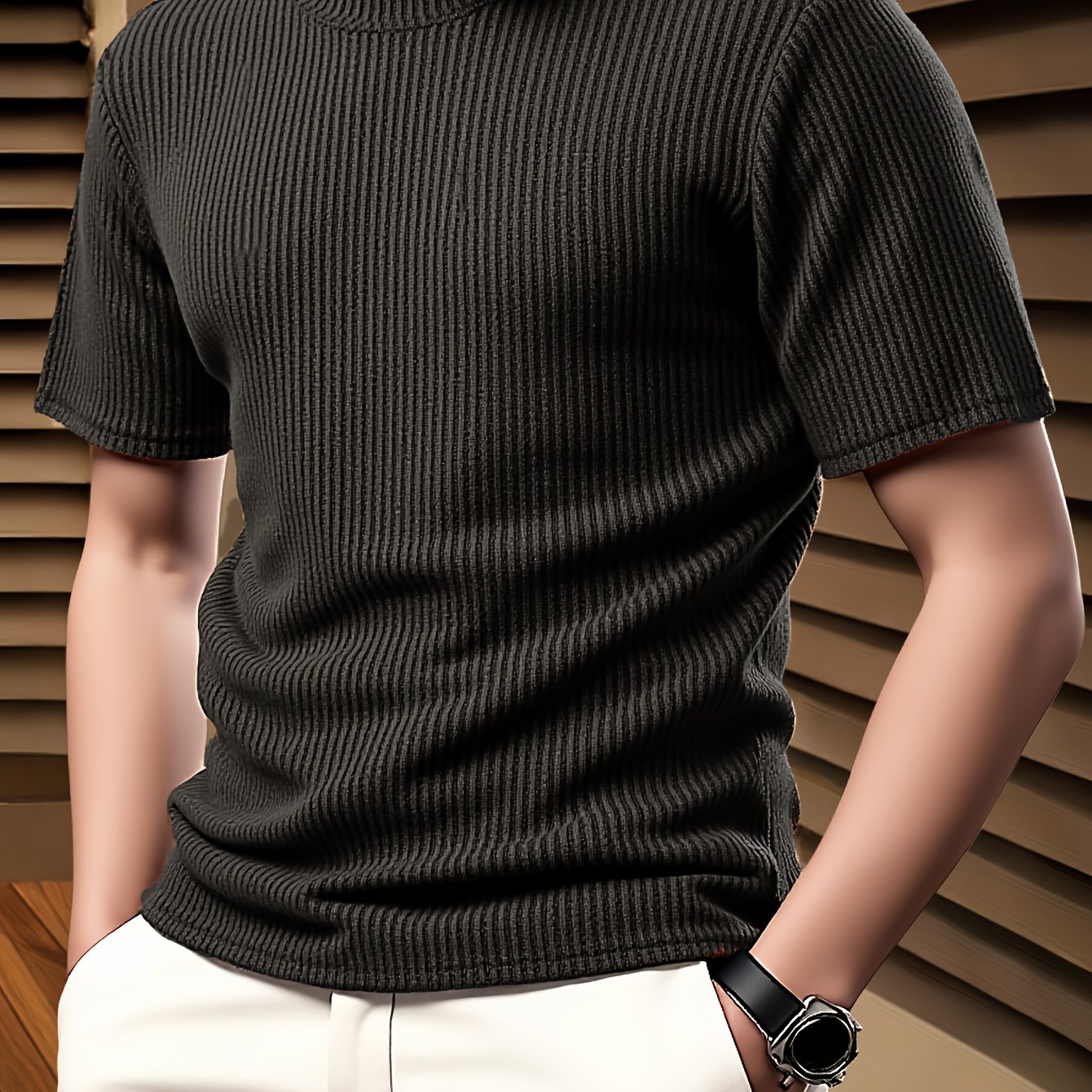 Camiseta de manga corta para hombre con cuello redondo de punto jacquard, top casual para todas las estaciones