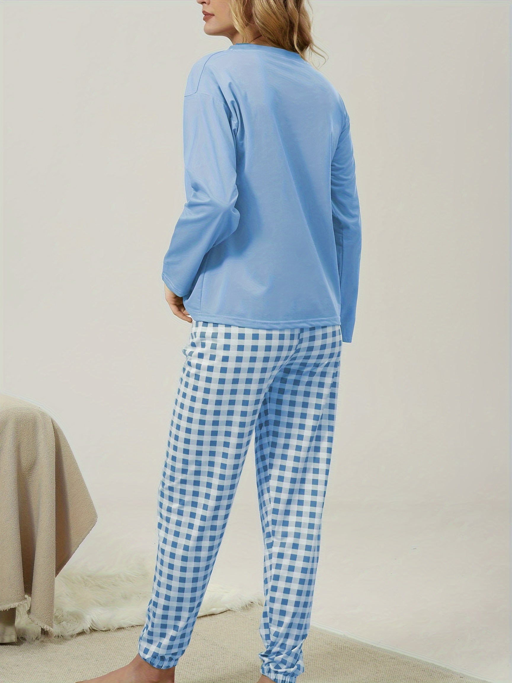 Women's Plaid Print Pajama Set with Crew Neck Top and Long Pants for Lounging