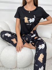 Plus Size Animal Print Polyester Knit Pajama Set for Adults