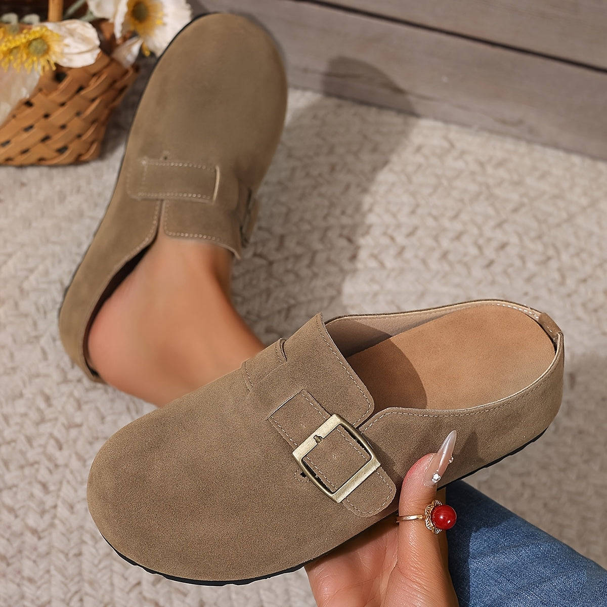 Women's Faux Leather Slip-On Mules Brown Green Buckle Casual Summer Comfort