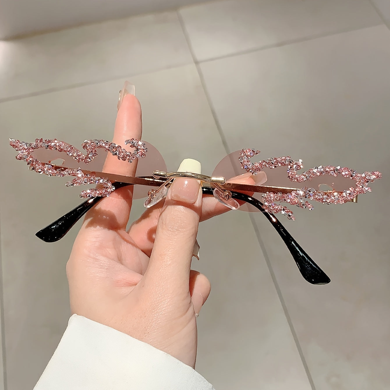 Women's Fire Flame Rimless Sunglasses with Rhinestones for Parties and Clubwear