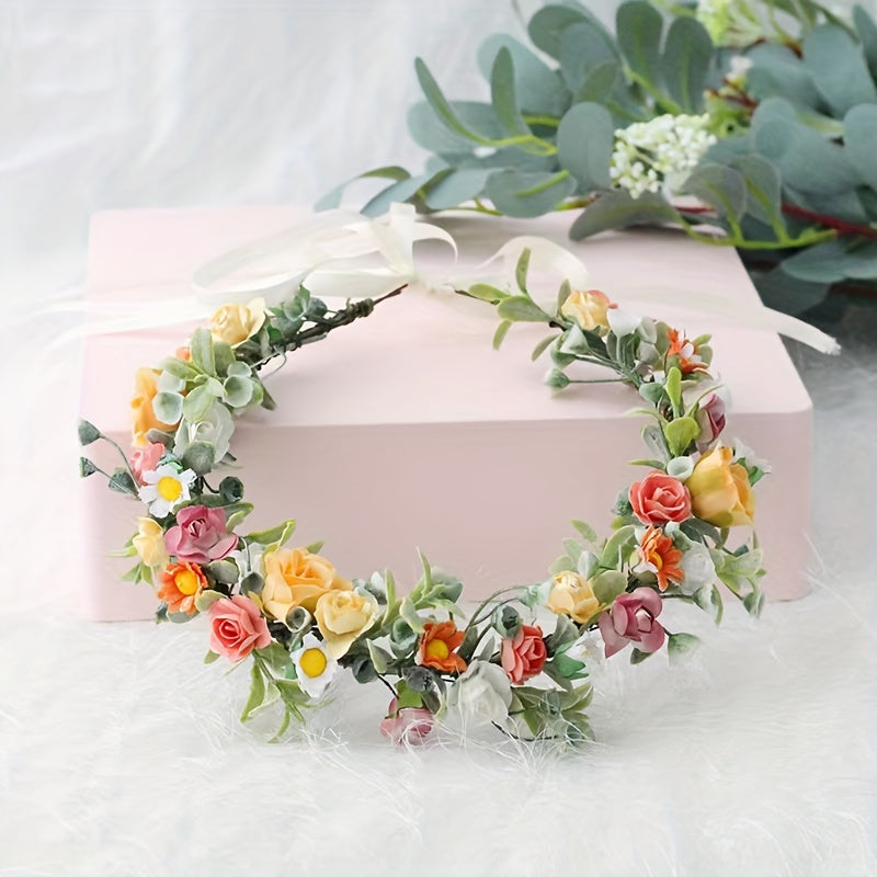 Spring and Summer Floral Crown Headband with Roses Daisies Water Grass for Parties Bridal Gifts