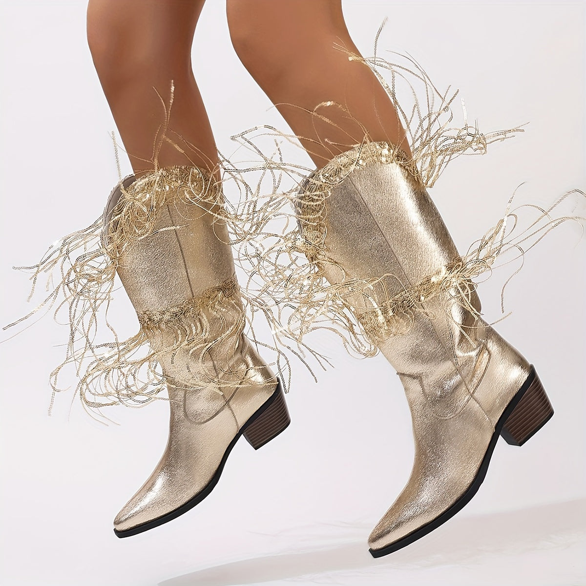 Women's Solid Color Western Cowboy Boots with Tassels and Chunky Heels