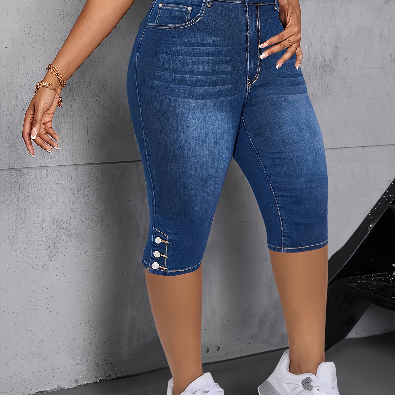 Women's Plus Size Denim Shorts Stretch High-Waisted Casual Summer Knee-Length