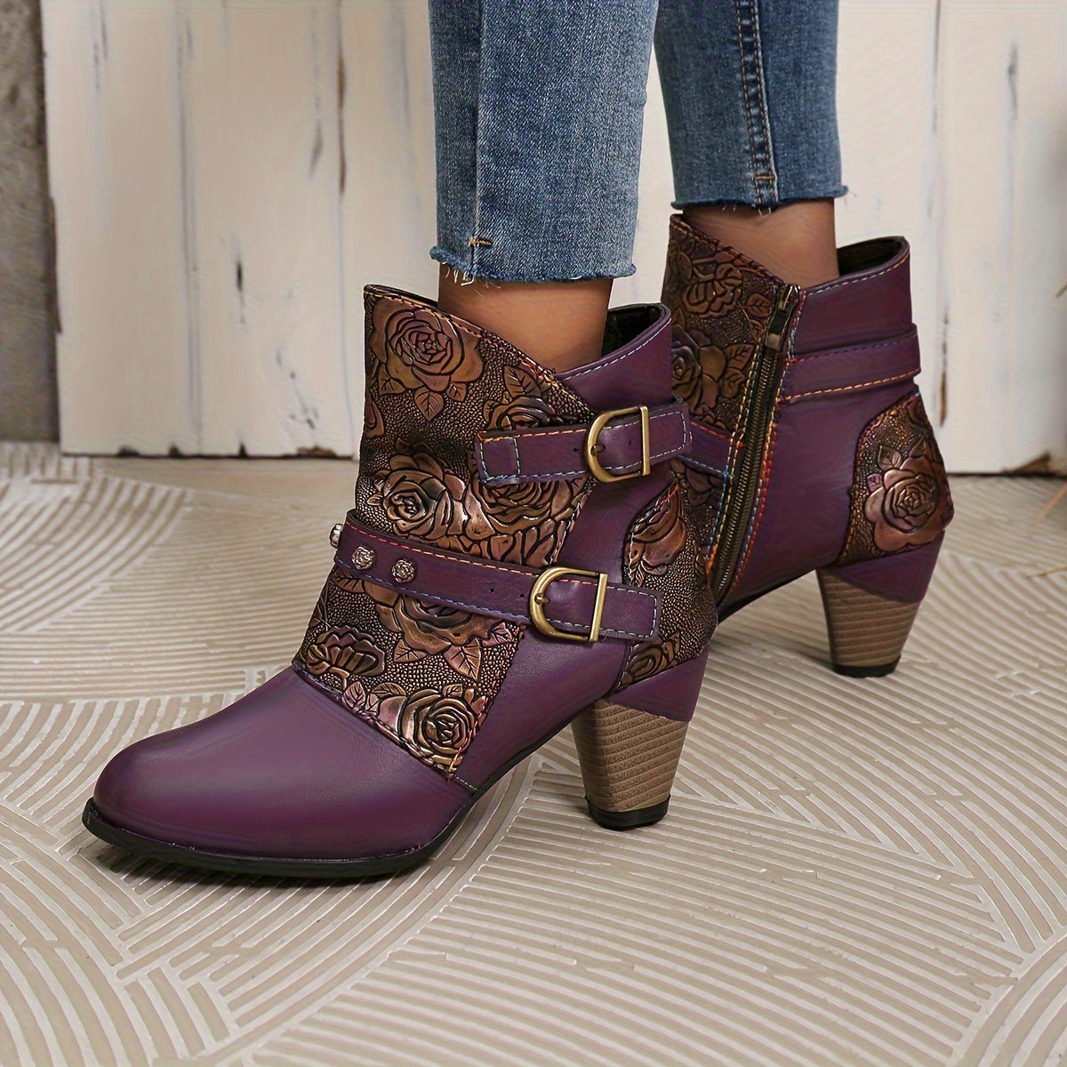 Women's Ankle Boots Leather Western Style Pointed Toe Block Heel All-Season Purple