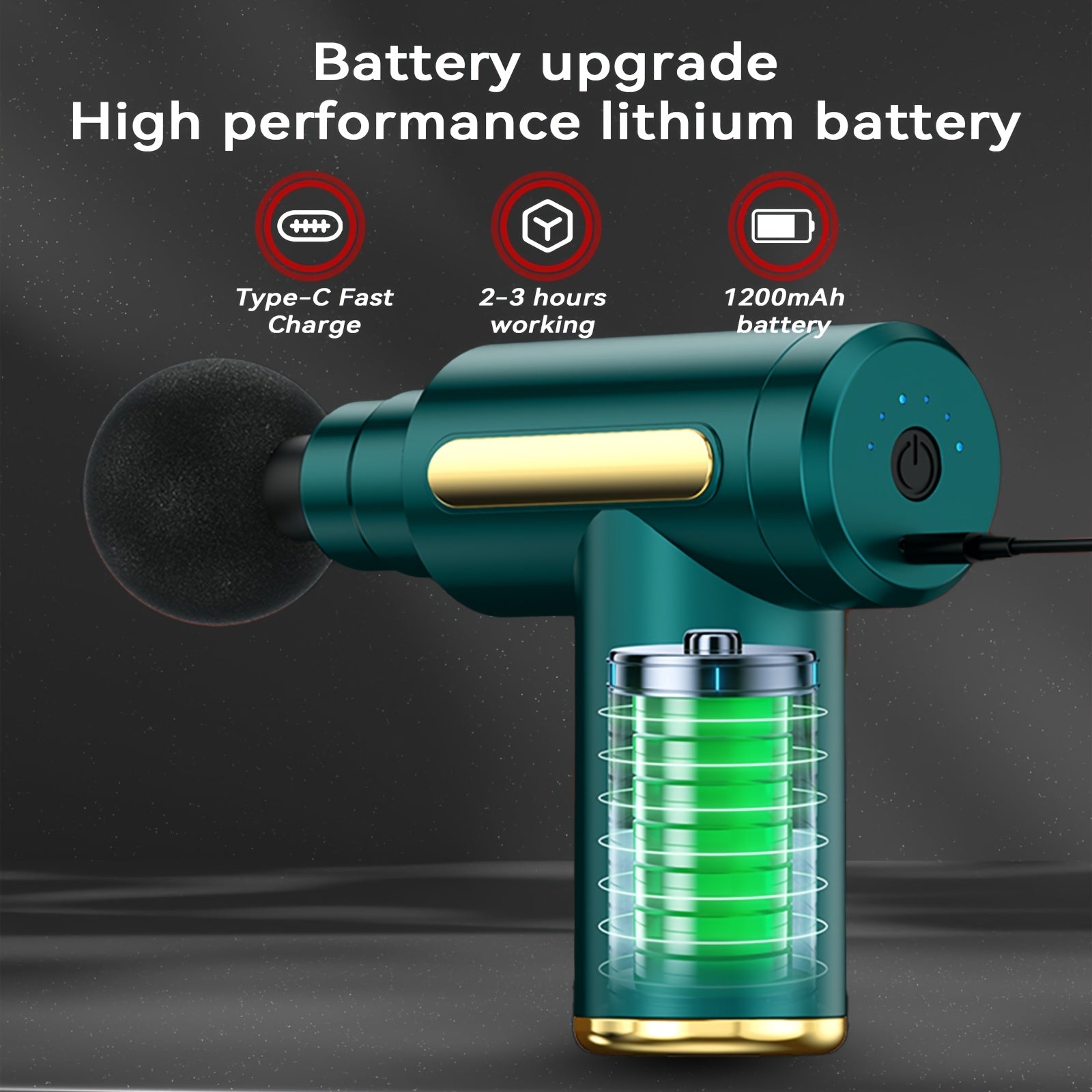 Mini Travel Massage Gun Green with 6 Modes USB Rechargeable 1200mAh Battery