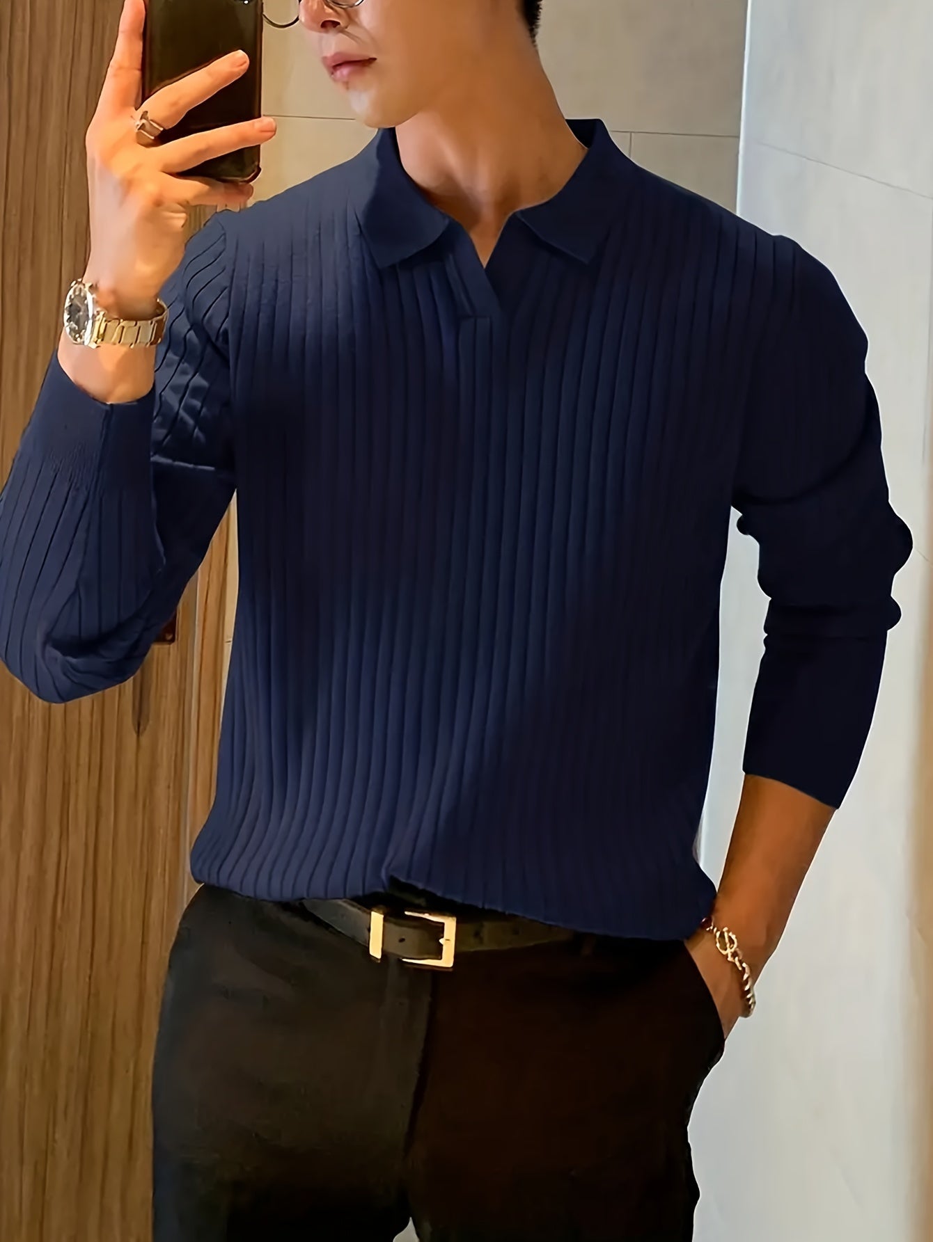 Suéter de cuello polo para hombre de corte regular, manga larga, color sólido, de rayón, para otoño y primavera