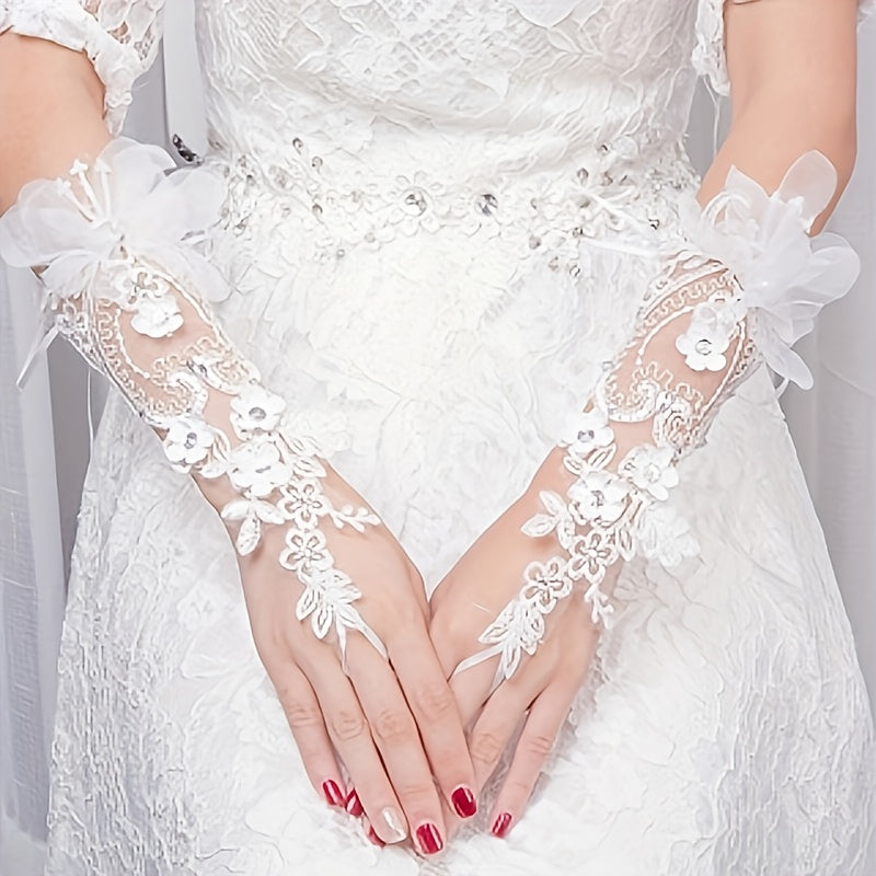 Guantes de encaje para novia con diseño floral calado para vestido de boda y noche