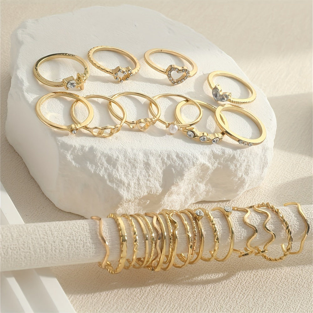 28-Piece Alloy Iron Stacking Rings Set with Heart Geometric and Wavy Designs for Daily Wear