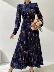 Floral Print Kaftan Dress with Tie Neck Ruffle Trim Long Sleeve Pleated Maxi for Women
