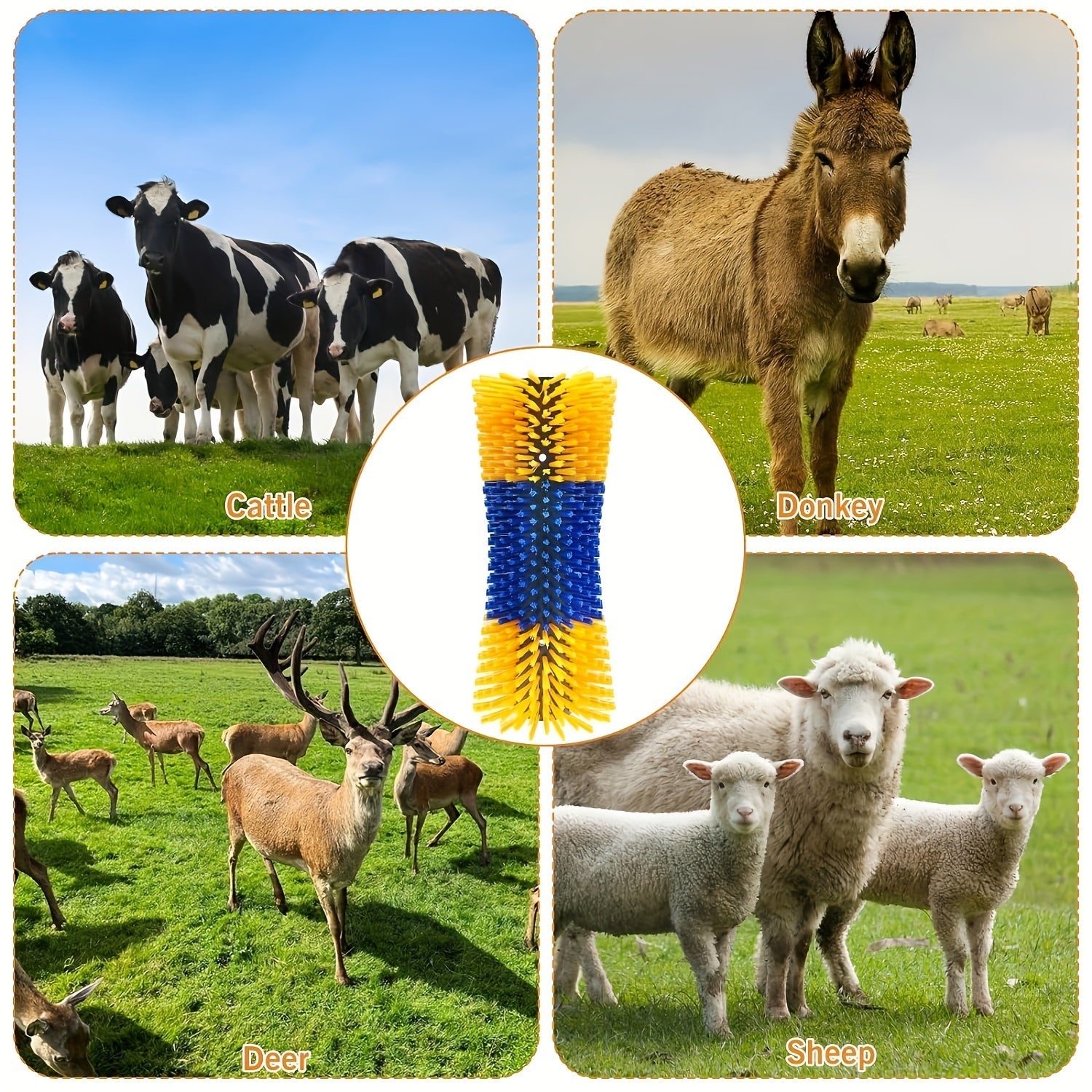 "Hayvonlar uchun qichishdan qutqaruvchi to'siq - Ot, sigir, echki, mol, cho'chqa, qo'y uchun mustahkam plastik parvarish to'plami - O'rta qattiqlikdagi tashqi qichituvchi - Elektr energiyasi talab qilinmaydi, qayta ishlatiladigan."