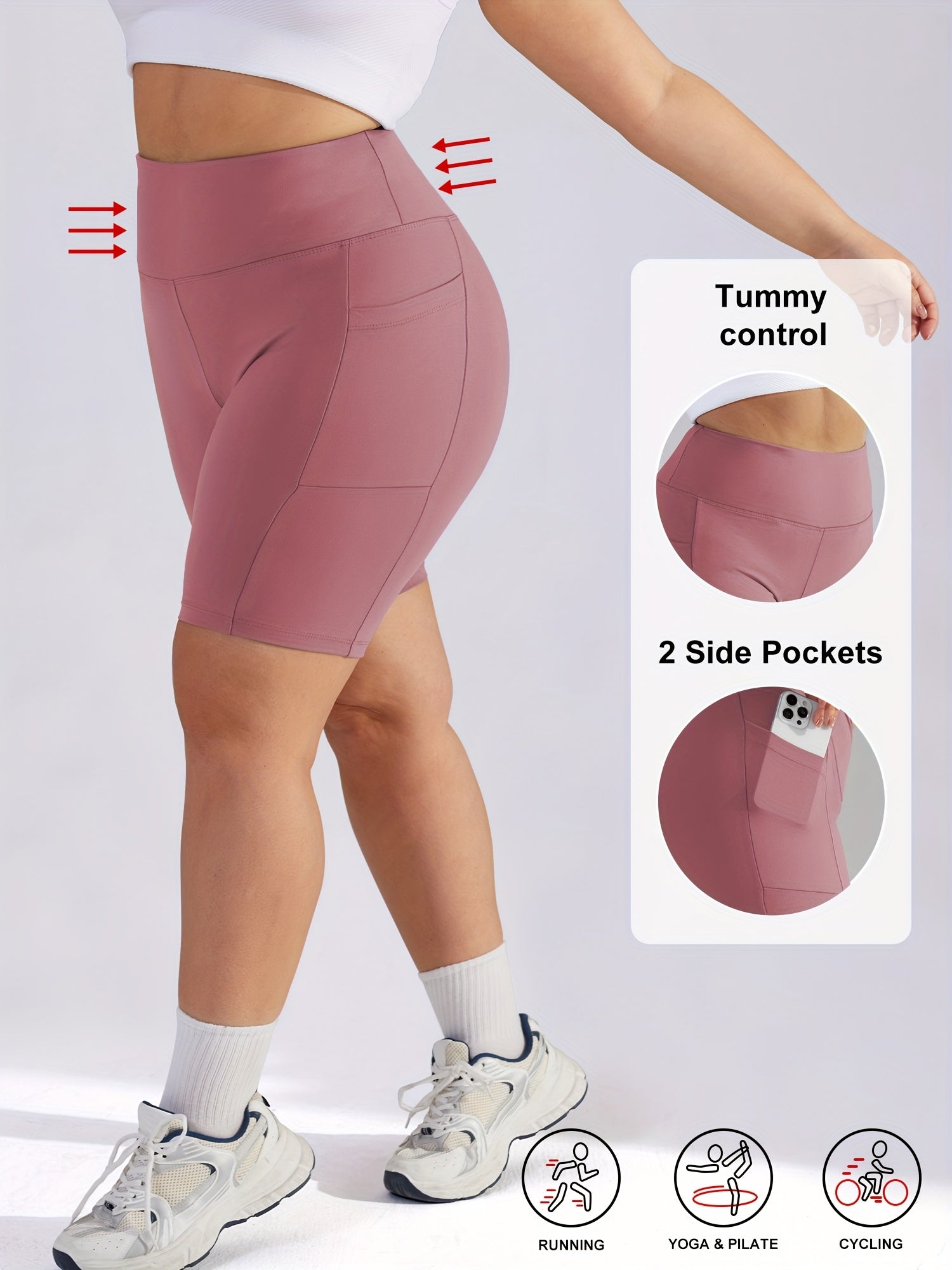 Plus Size Women's High-Waisted Tummy Control Workout Shorts with Pockets